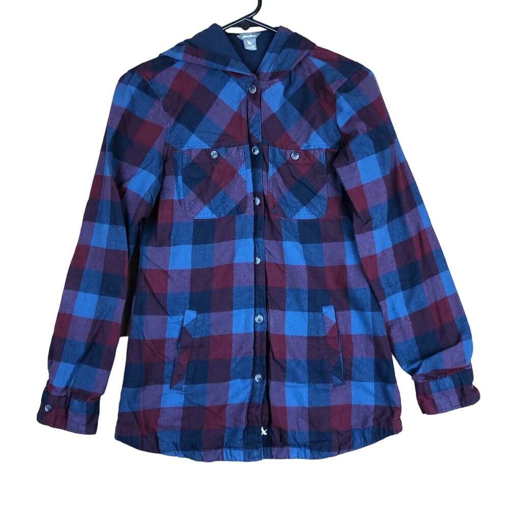 Eddie Bauer Womens Jacket Red Blue Checkered Shacket Hooded Flannel Button Up XS